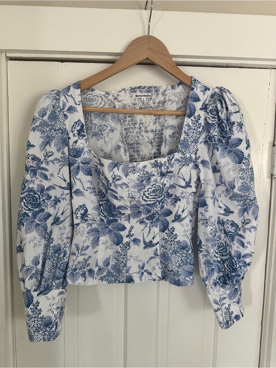 Reformation Tops - Reformation White and Blue Floral Square-Neck Puff-Sleeve Blouse